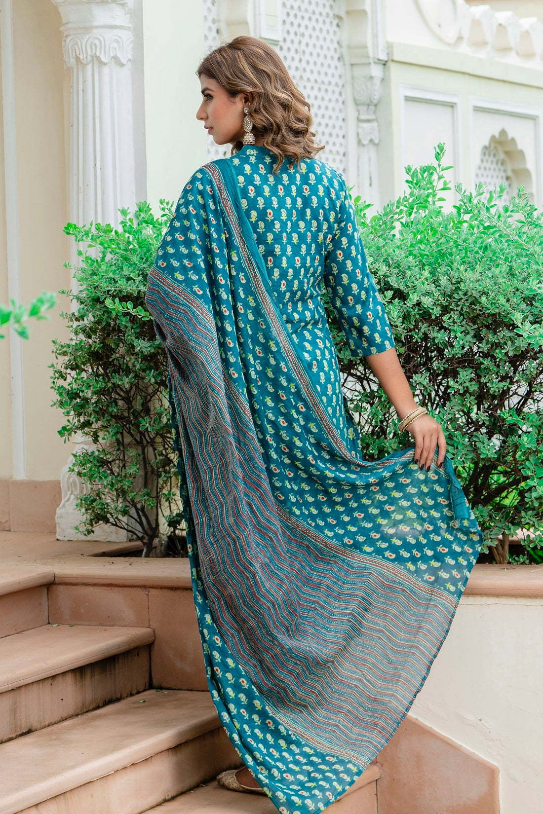 Urvi - Teal Motif Printed Cotton Kurta Set with Dupatta