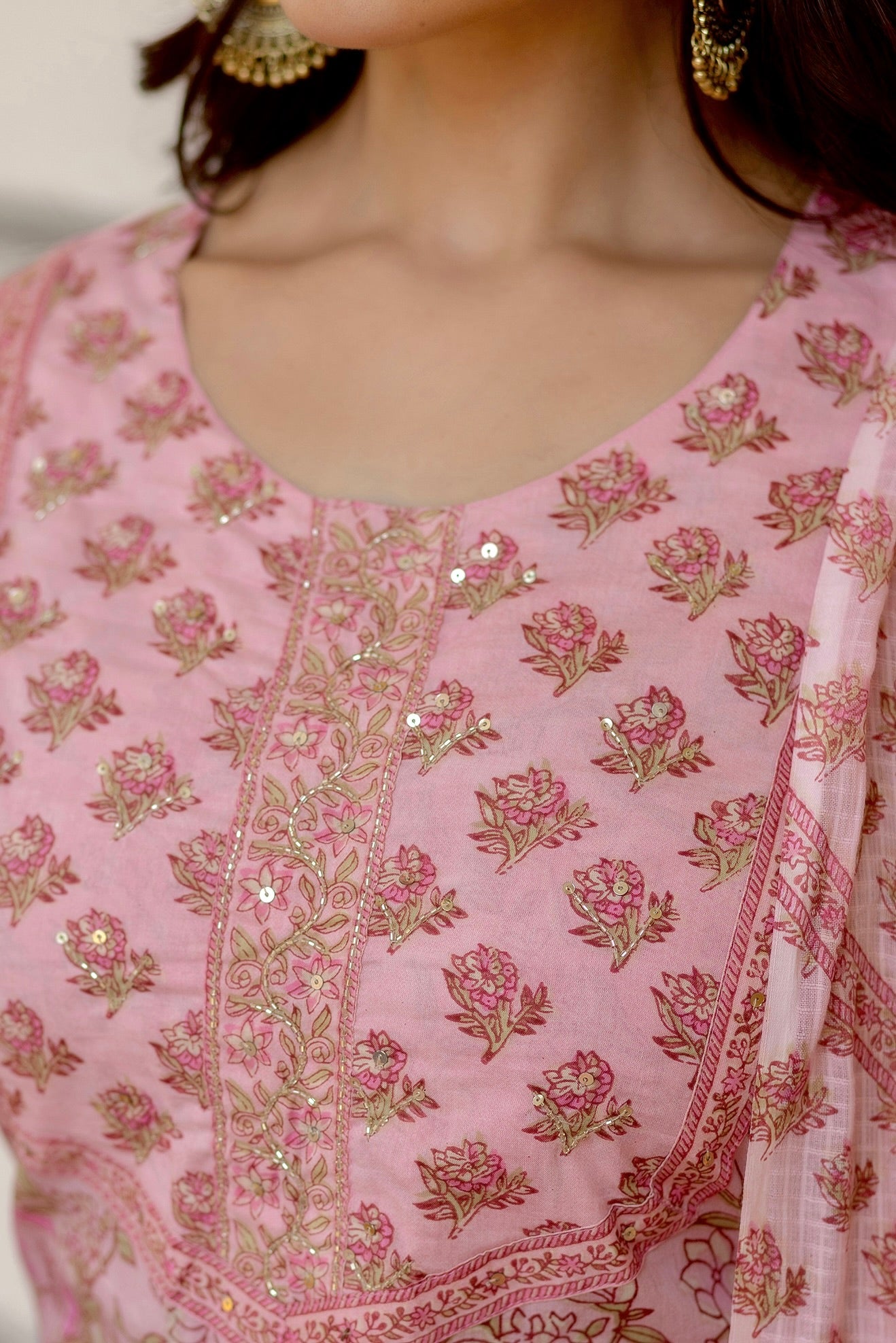 Kusha - Pink Floral Printed Cotton Kurta Set with Dupatta