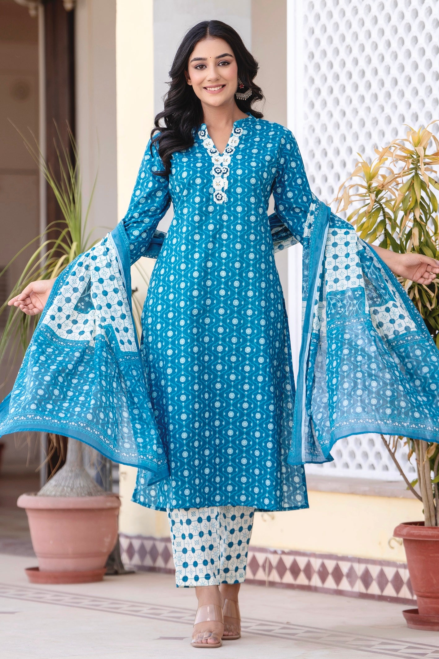 Tamaya - Blue and White Threadwork Design Cotton Kurta Set