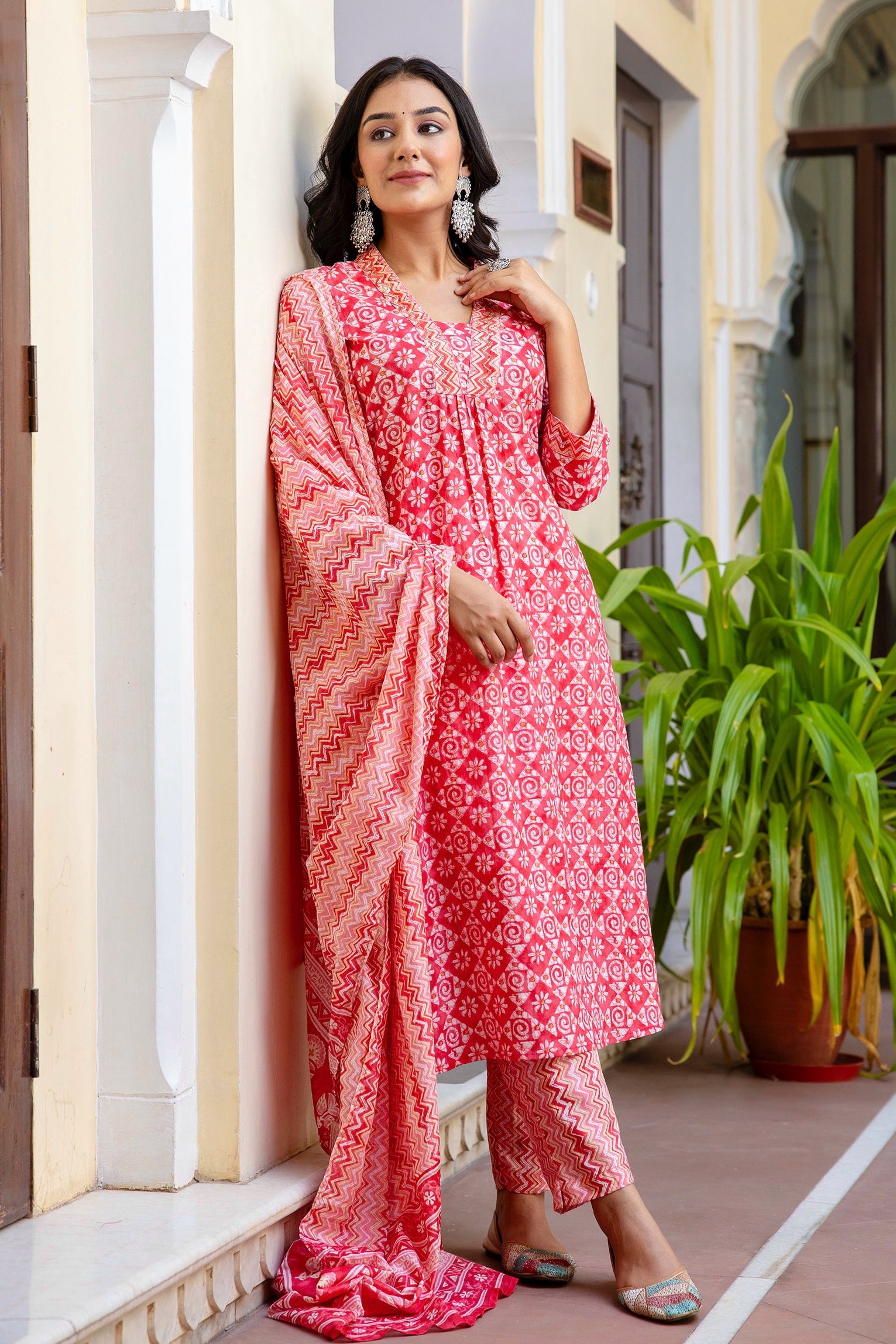 Sejal - Pink Ethnic Printed Front Pleated A-line Cotton Kurta Set with Dupatta