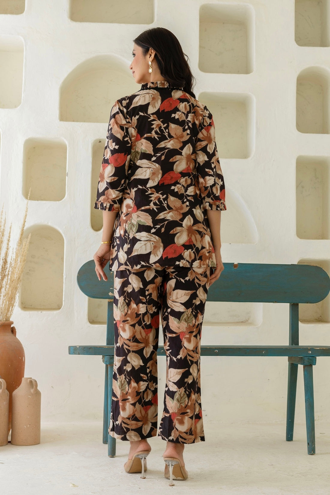 Sarina - Brown Floral Printed Lace Detail Kurti with Wide Pants Coord Set