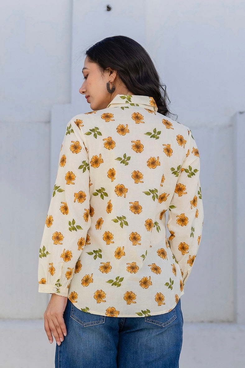 Mari - Yellow Floral Printed Cotton Shirt