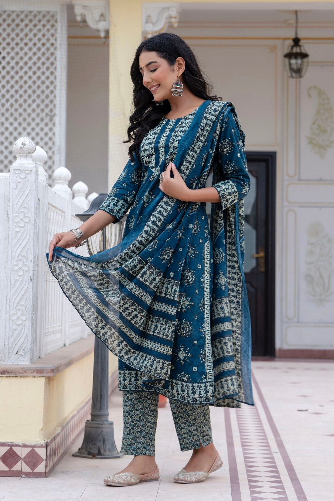 VEDA - Deep Blue Yoke Design Kurta Set with Trouser and Dupatta