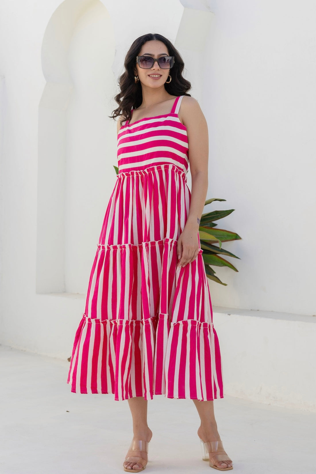 Soleil - Pink and White Striped Cotton Tiered Midi Dress