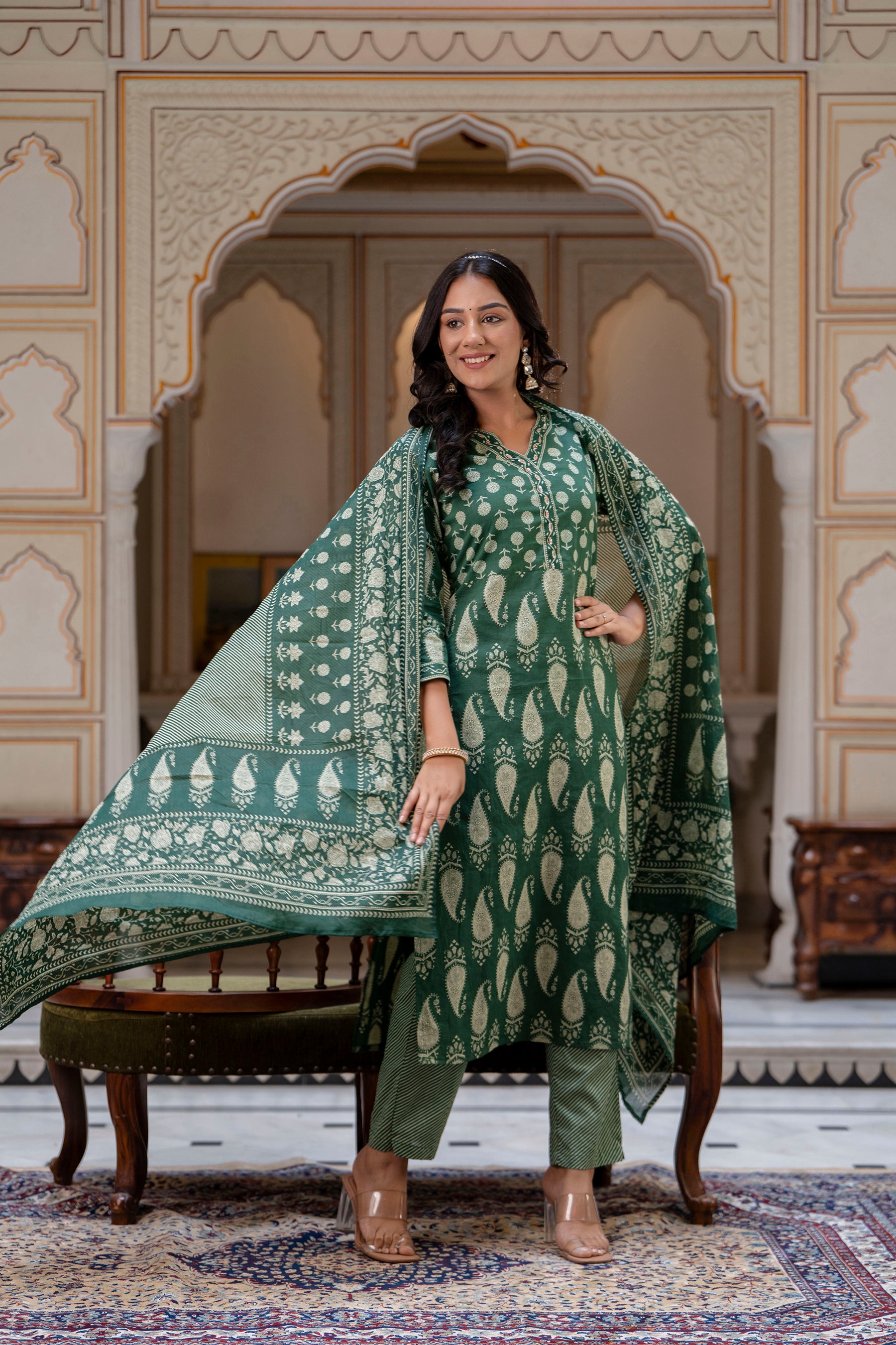 Kai - Bottle Green Ajrak Print Cotton Kurta Set with Dupatta