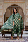 Kai - Bottle Green Ajrak Print Cotton Kurta Set with Dupatta