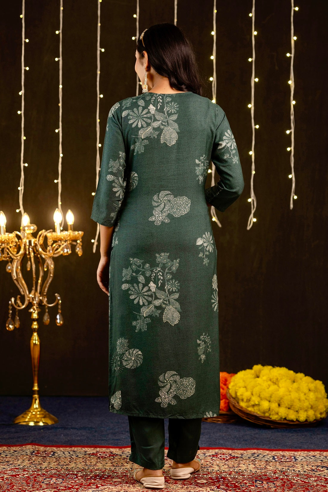 Adhira - Green Printed Festive Silk Kurta Set with Dupatta