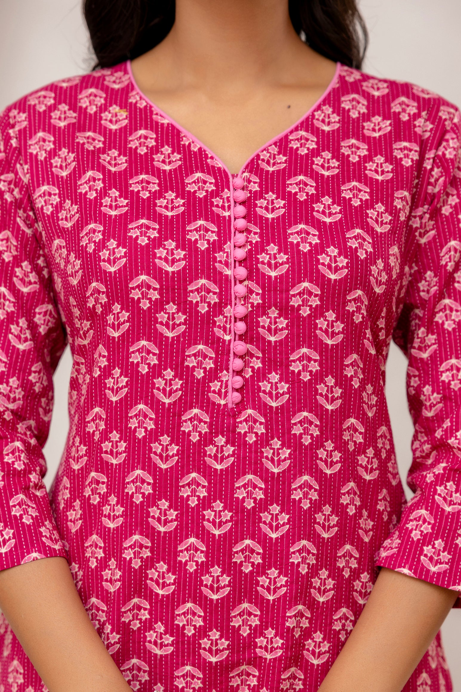 Cora - Pink Cotton Katha Printed Everyday Kurta