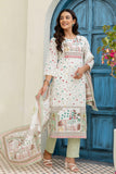 Off White and Green Cotton Lined Kurta Set with Trousers and Dupatta