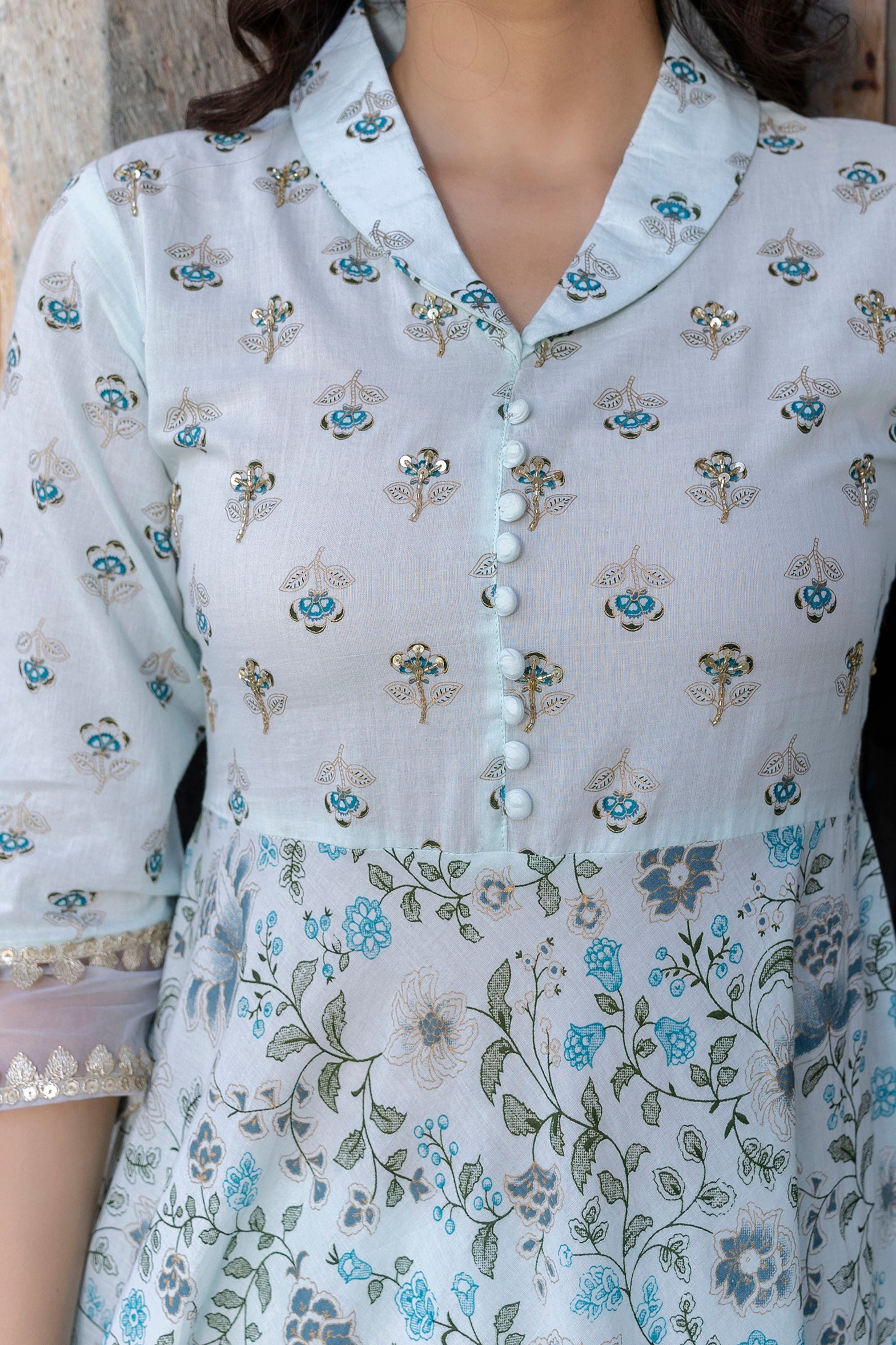 Aarohi - Blue Collar Neck Organza Detail Cotton Anarkali Suit Set