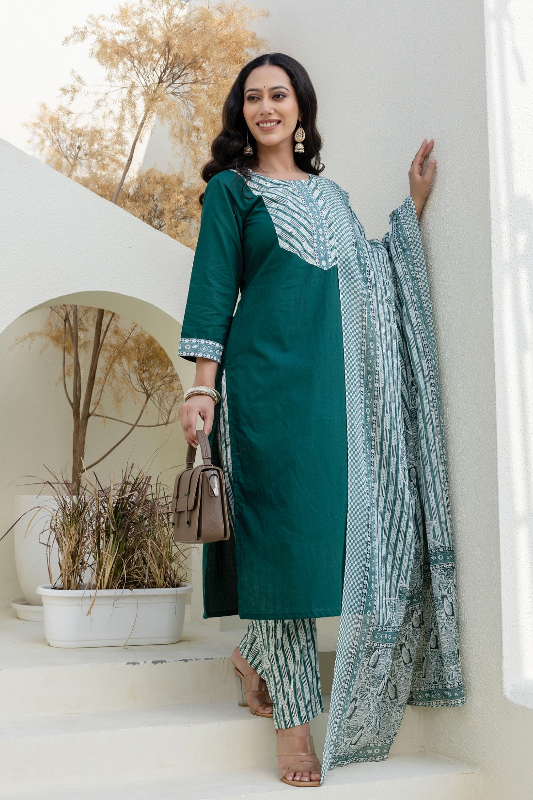 Bottle Green Solid Yoke Design Kurta Set with Trousers and Dupatta