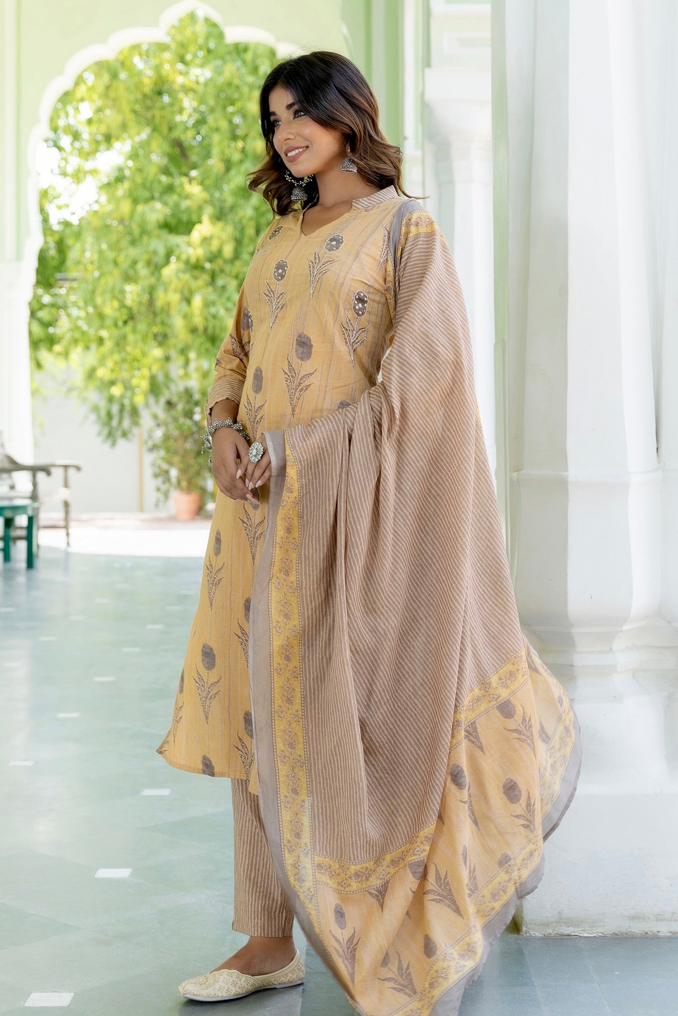 Dhriti - Beige Collar Neck Cotton Kurta set with Dupatta