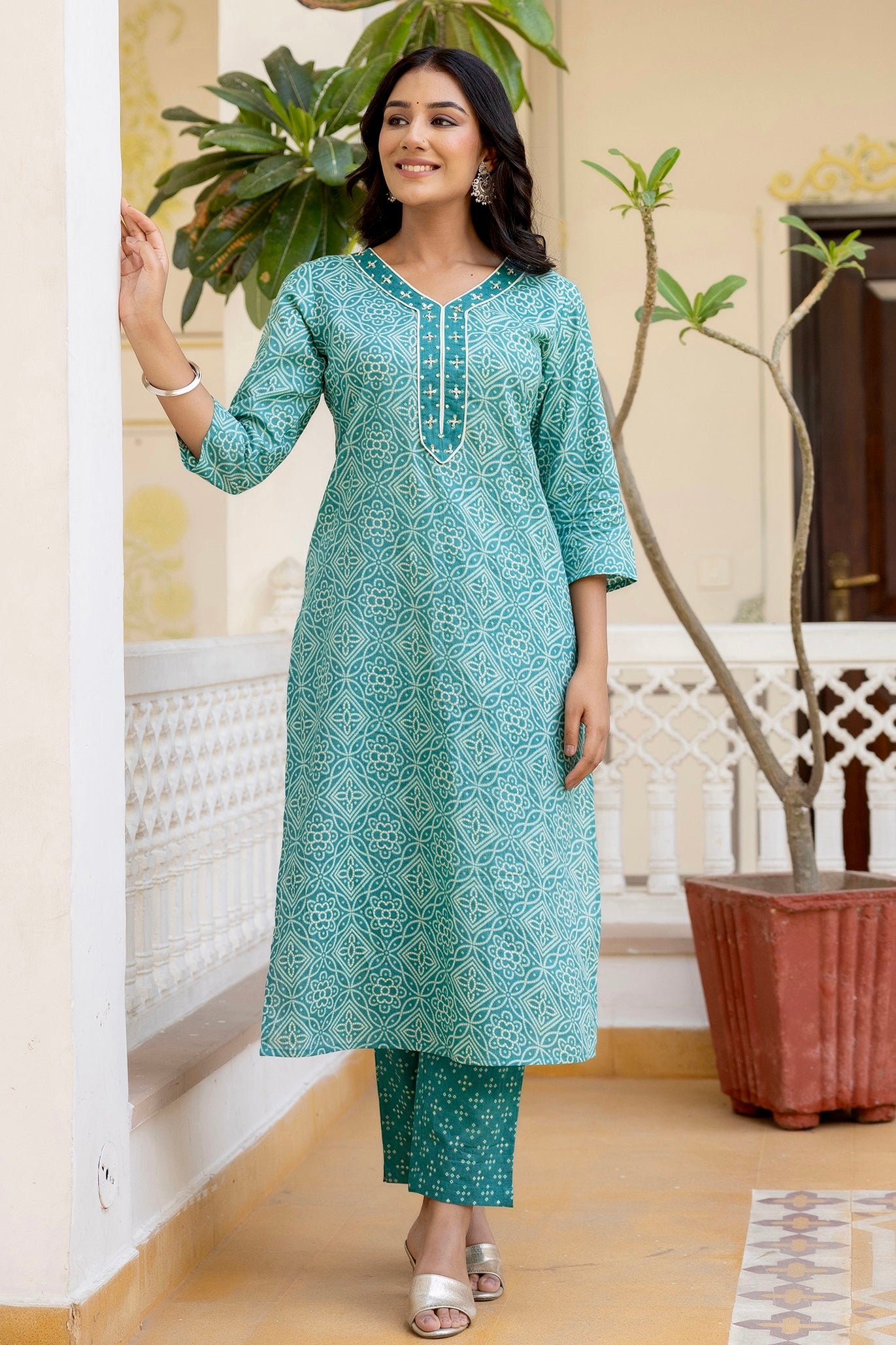 Lily - Green Bandhej Print Festive Cotton Kurta Set with Dupatta