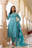 Blue Yoke Highlighted Floral Cotton Kurta Set with Trousers and Dupatta