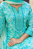 Alina - Sea Green Floral Printed Cotton Kurta Set with Dupatta