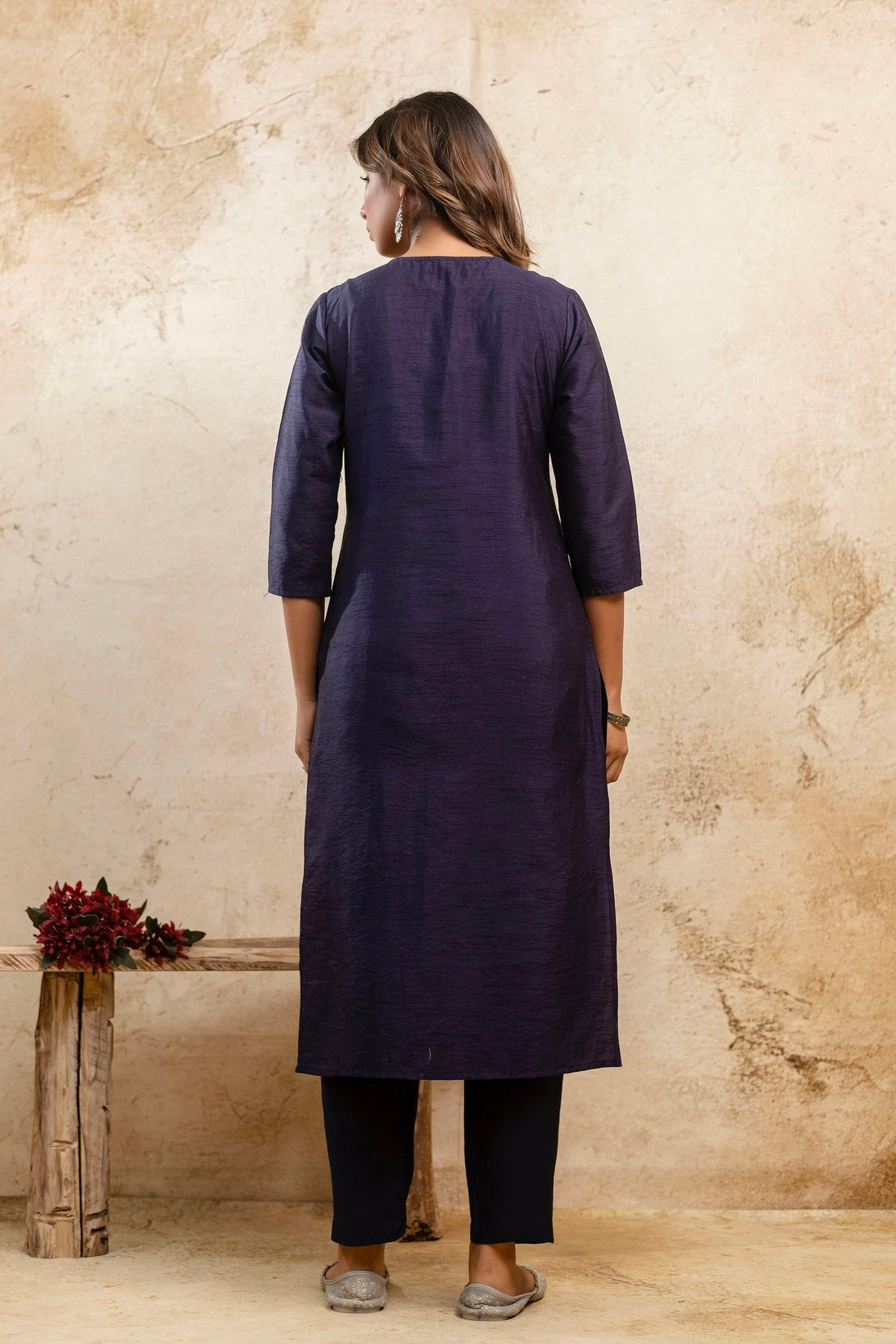 Asha - Navy Blue Embellished Silk Kurta