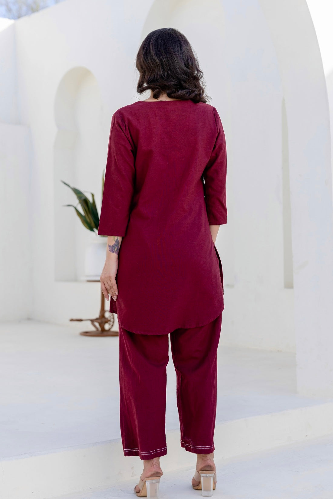 Ariadne - Burgundy Cotton Flex Solid Embroidered Coord Set
