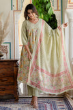 Layla - Green Pleated A-line Flared Cotton Kurta Set with Dupatta