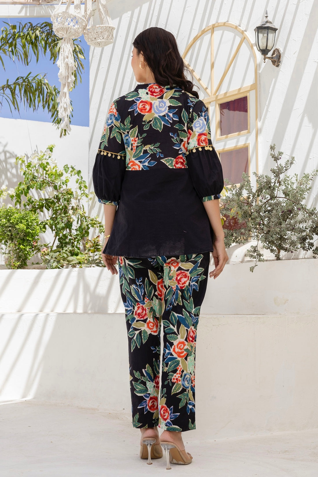 Nuri - Black Embellished Peplum Top with Pants Coord Set