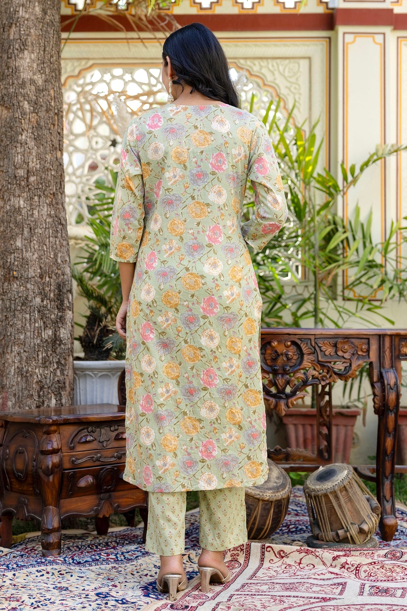 Anya - Mint Green Floral Printed Cotton Kurta Set with Dupatta