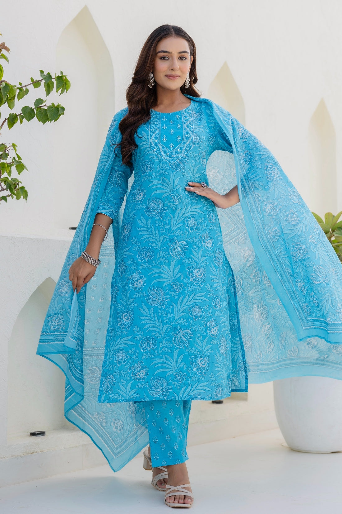 Sky Blue Floral Printed Cotton Kurta Set with Trousers and Dupatta