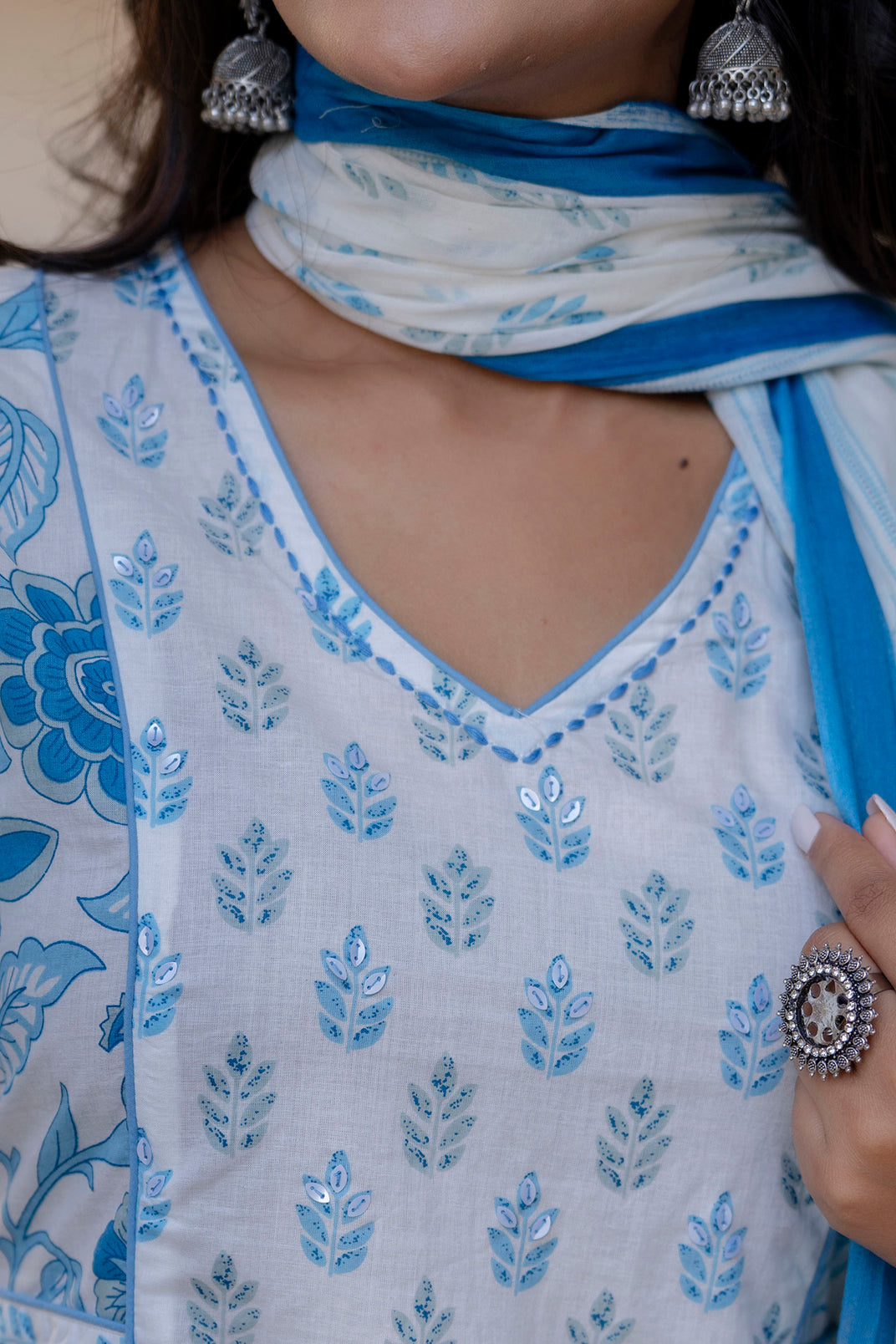 Ritika - White and Blue Side Gathers A-line Cotton Kurta Set with Dupatta
