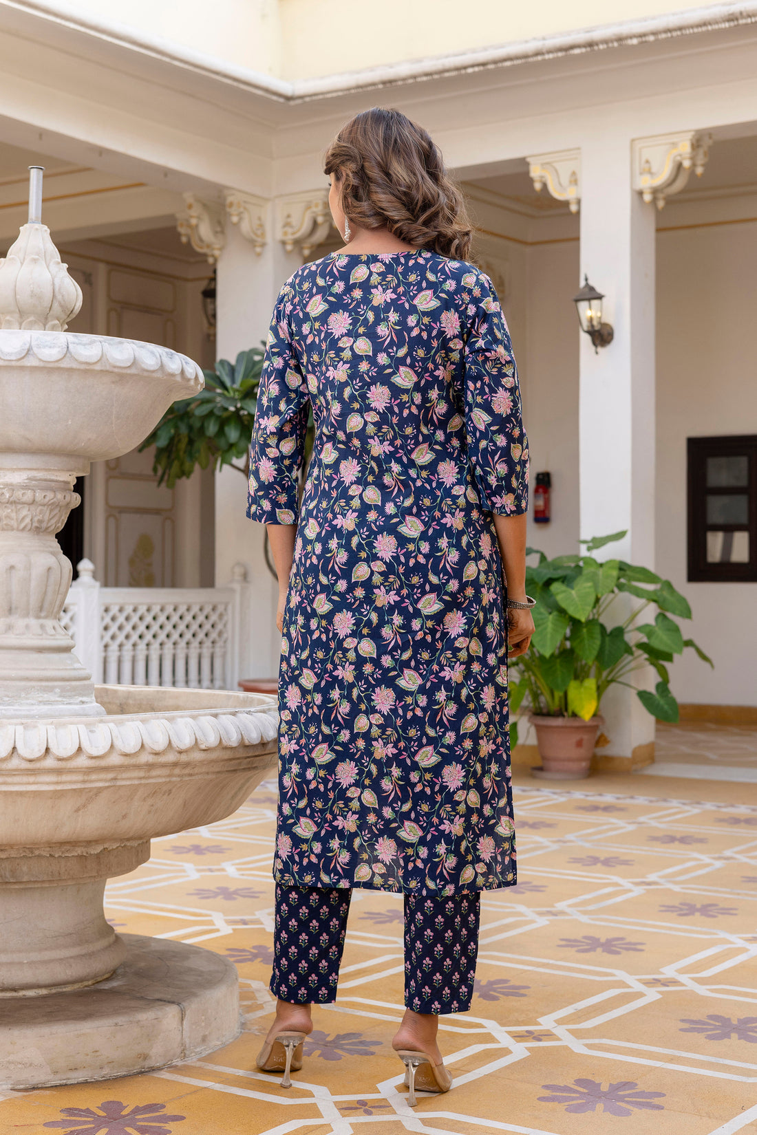 DISHA - Navy Blue Floral Cotton Kurta Set with Dupatta