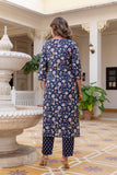 DISHA - Navy Blue Floral Cotton Kurta Set with Dupatta