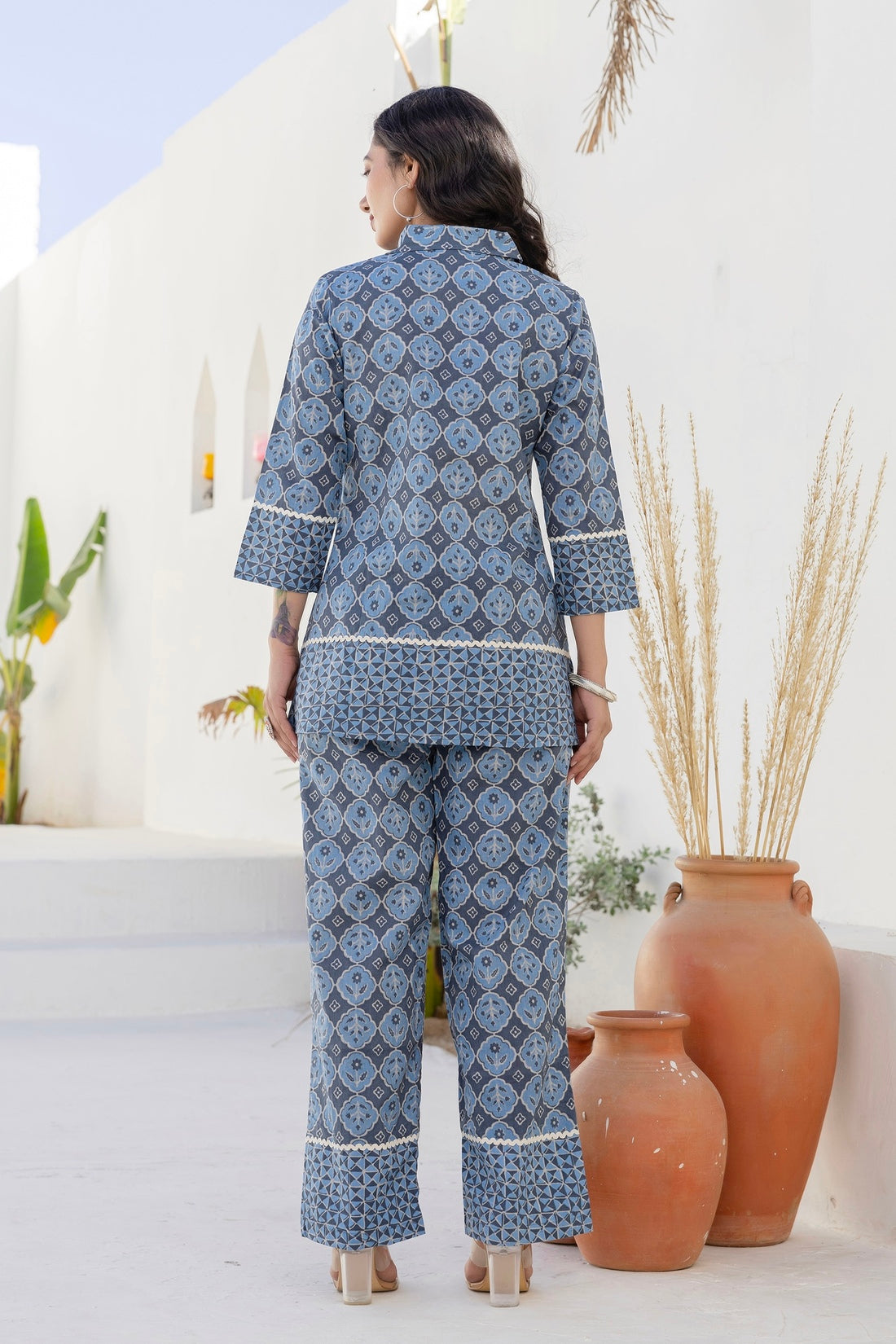 Vega - Blue Lace Details Shirt with Wide Pants Coord Set