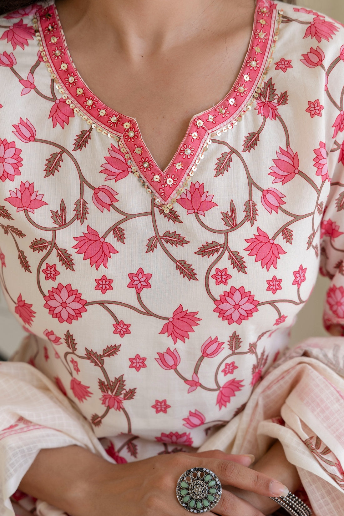 Off White and Pink Cotton Lined Kurta Set with Trousers and Dupatta