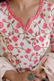 Off White and Pink Cotton Lined Kurta Set with Trousers and Dupatta
