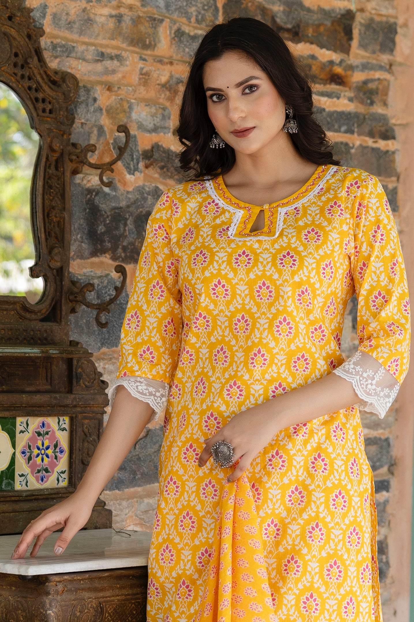 Sriti - Yellow Sequins Highlight Printed Cotton Kurta Set with Dupatta