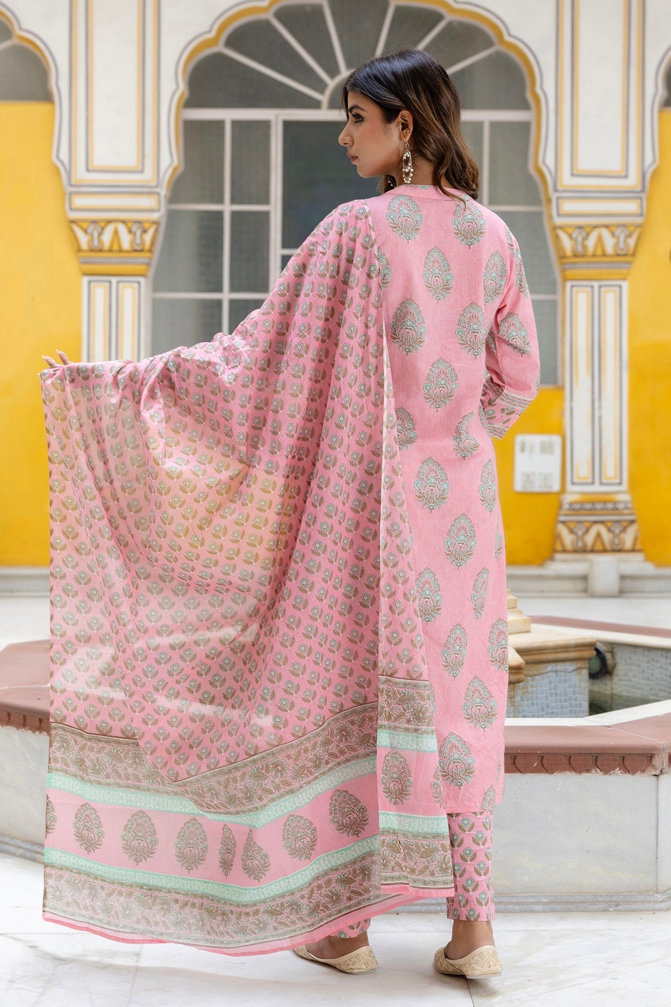 Harper - Pink Motif Printed Yoke Design Cotton Kurta Set with Dupatta