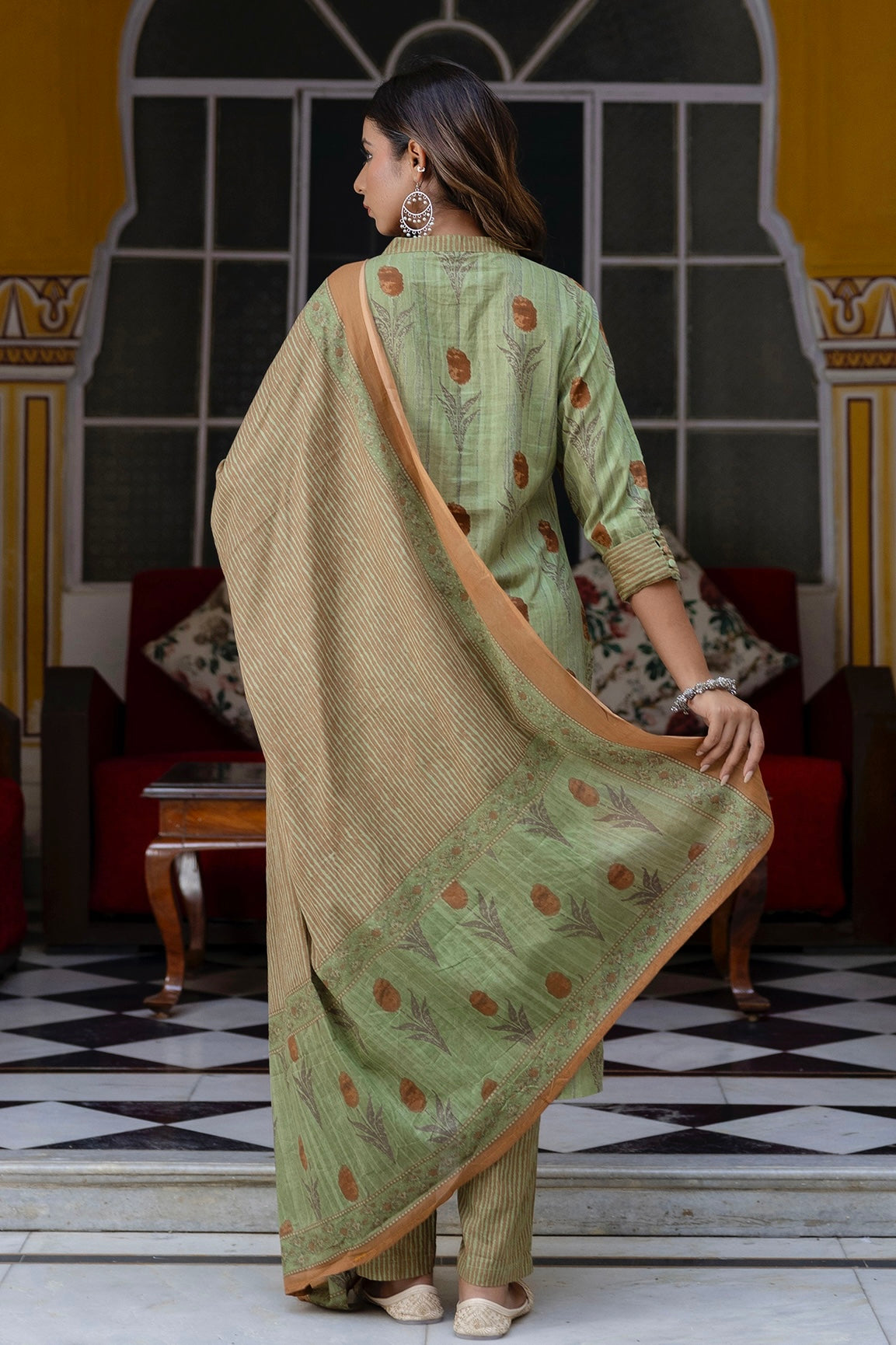 Mehar - Green Collar Neck Cotton Kurta set with Dupatta