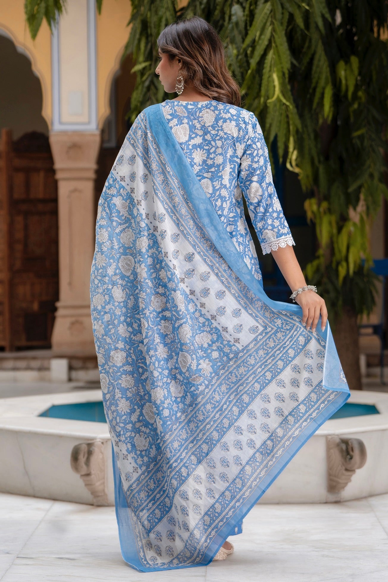 Sana - Blue Lacework Floral Printed Cotton Kurta Set with Dupatta