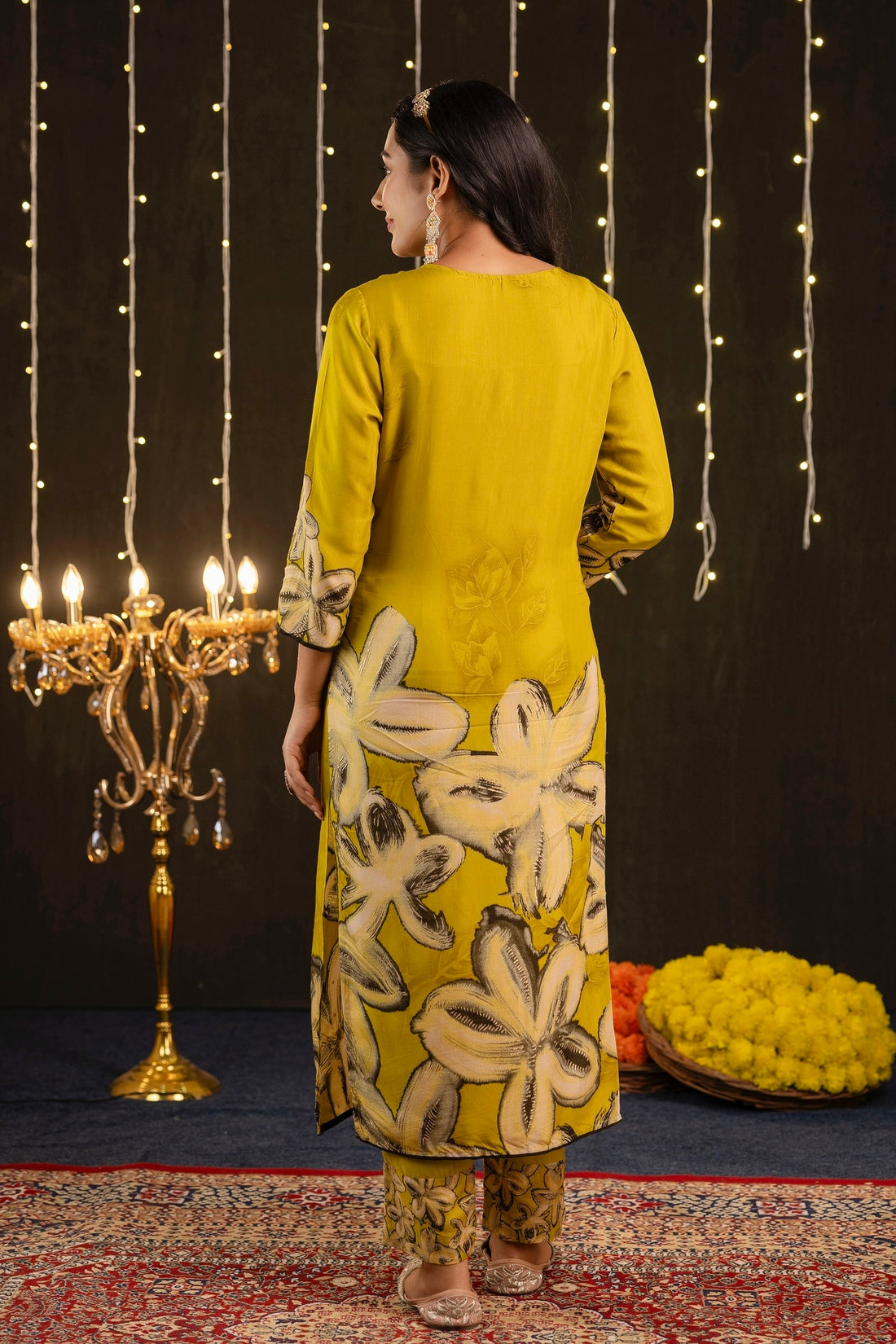 Vaibhavi - Yellow Floral Printed Festive Silk Kurta Set with Dupatta