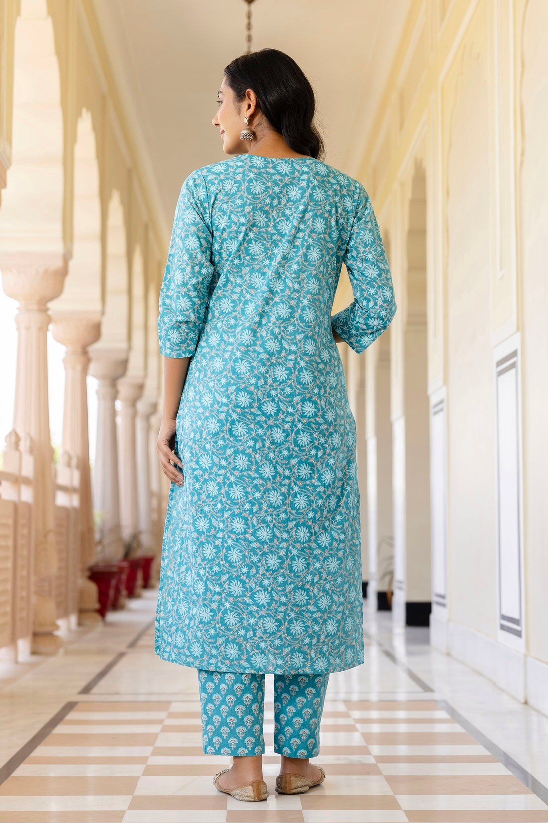 Blue Yoke Highlighted Floral Cotton Kurta Set with Trousers and Dupatta