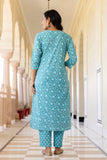 Blue Yoke Highlighted Floral Cotton Kurta Set with Trousers and Dupatta