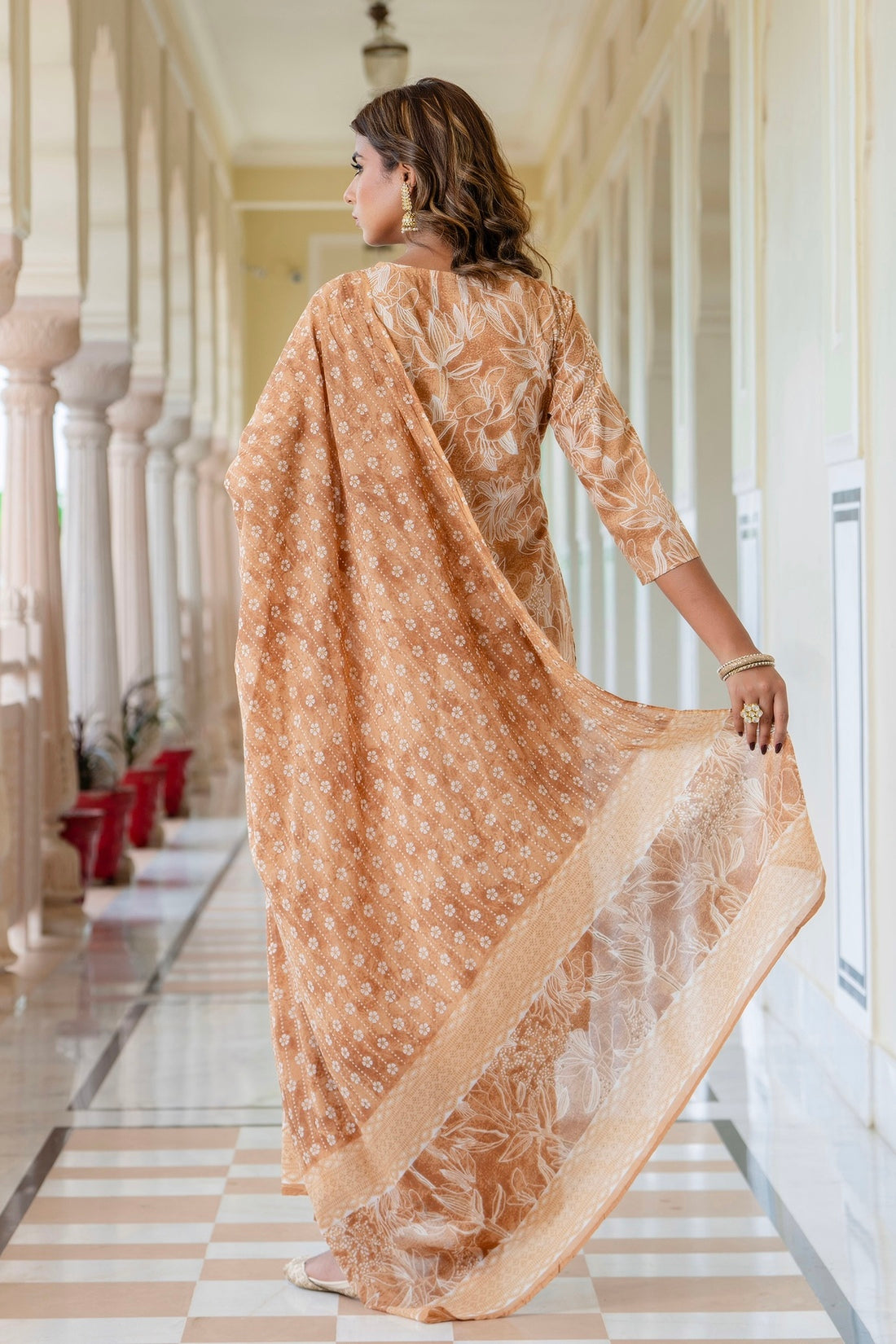 Nandita - Brown Floral Printed Kurta Set with Palazzo and Dupatta