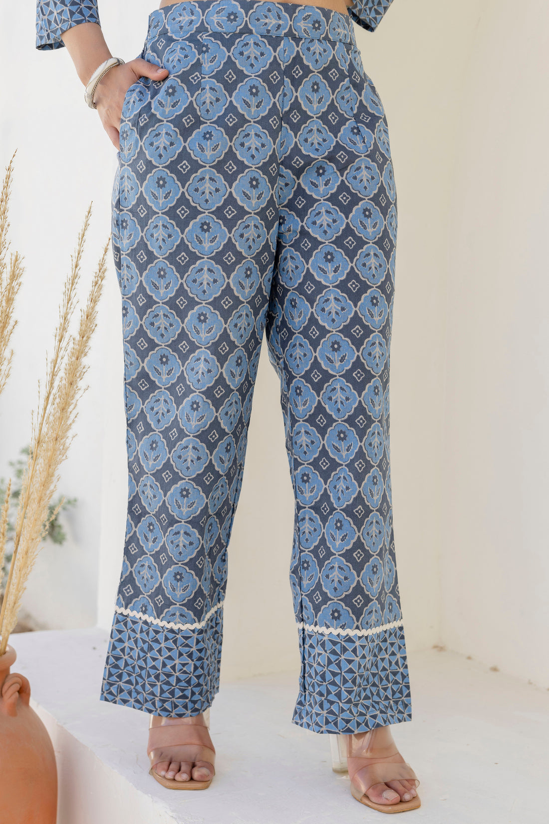 Vega - Blue Lace Details Shirt with Wide Pants Coord Set