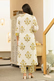 Yellow Motif Print Plackett Highlight Lined Kurta Set with Trousers and Dupatta