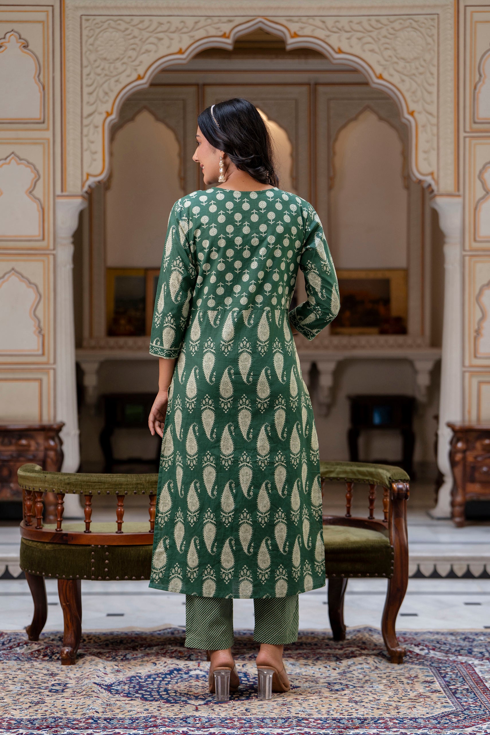 Kai - Bottle Green Ajrak Print Cotton Kurta Set with Dupatta