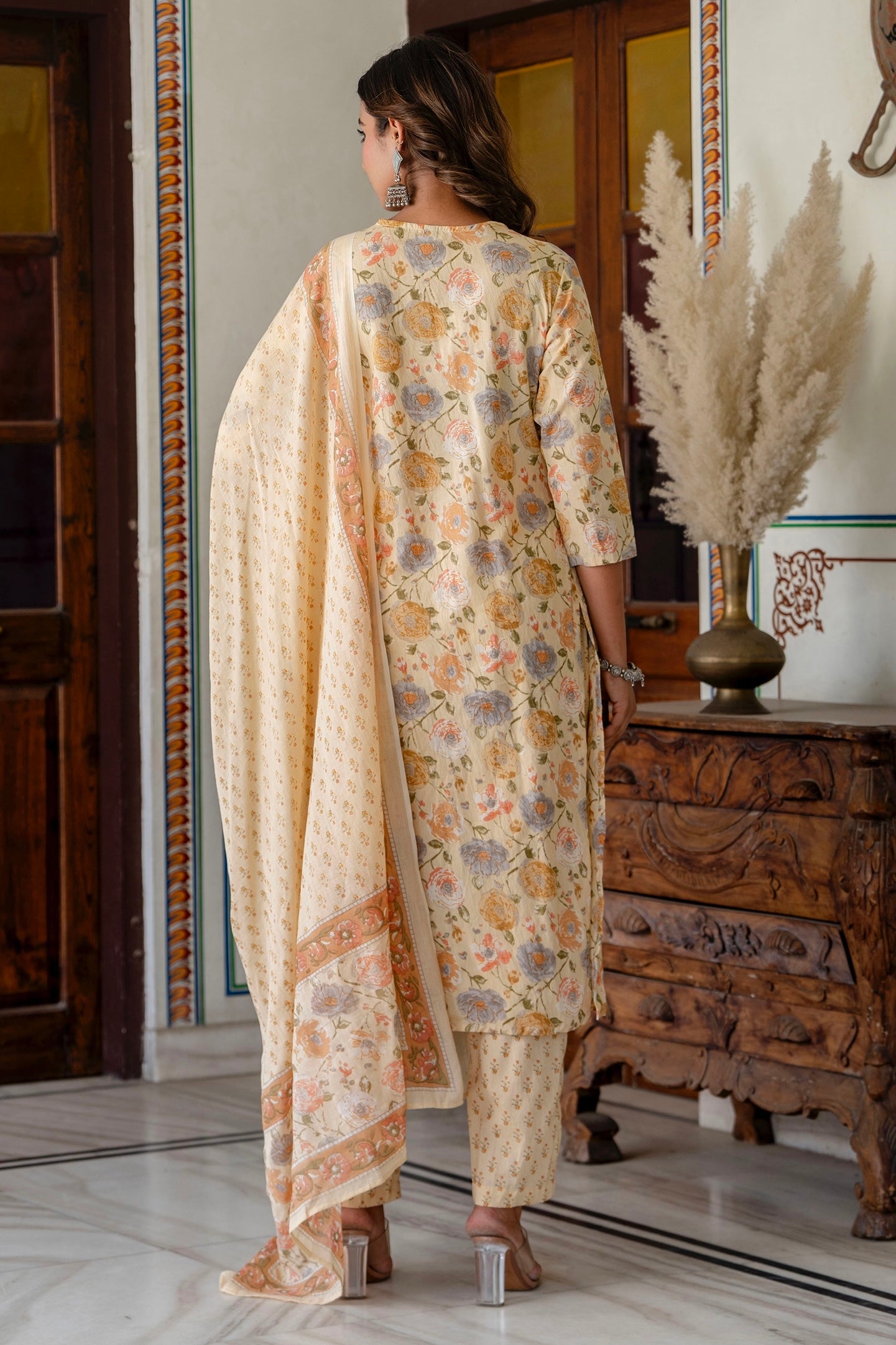 Aurelia - Beige Floral Printed Cotton Kurta Set with Dupatta