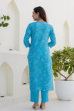 Sky Blue Floral Printed Cotton Kurta Set with Trousers and Dupatta