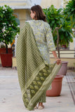 Chitra - Olive Green Mandarin Collar Cotton Kurta Set with Dupatta