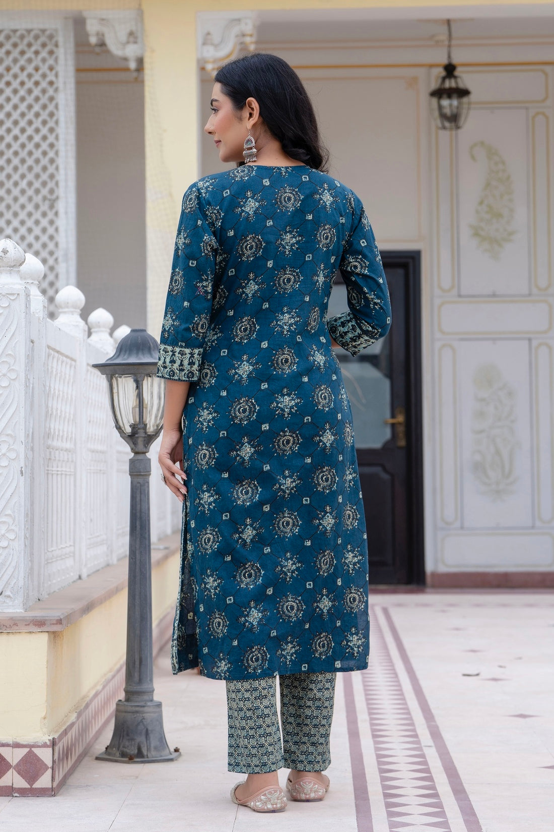 VEDA - Deep Blue Yoke Design Kurta Set with Trouser and Dupatta