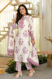 Purple Motif Print Plackett Highlight Lined Kurta Set with Trousers and Dupatta