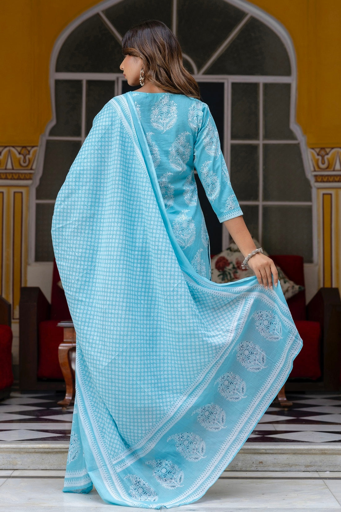 Bhumi - Sky Blue Printed Cotton Kurta Set with Dupatta