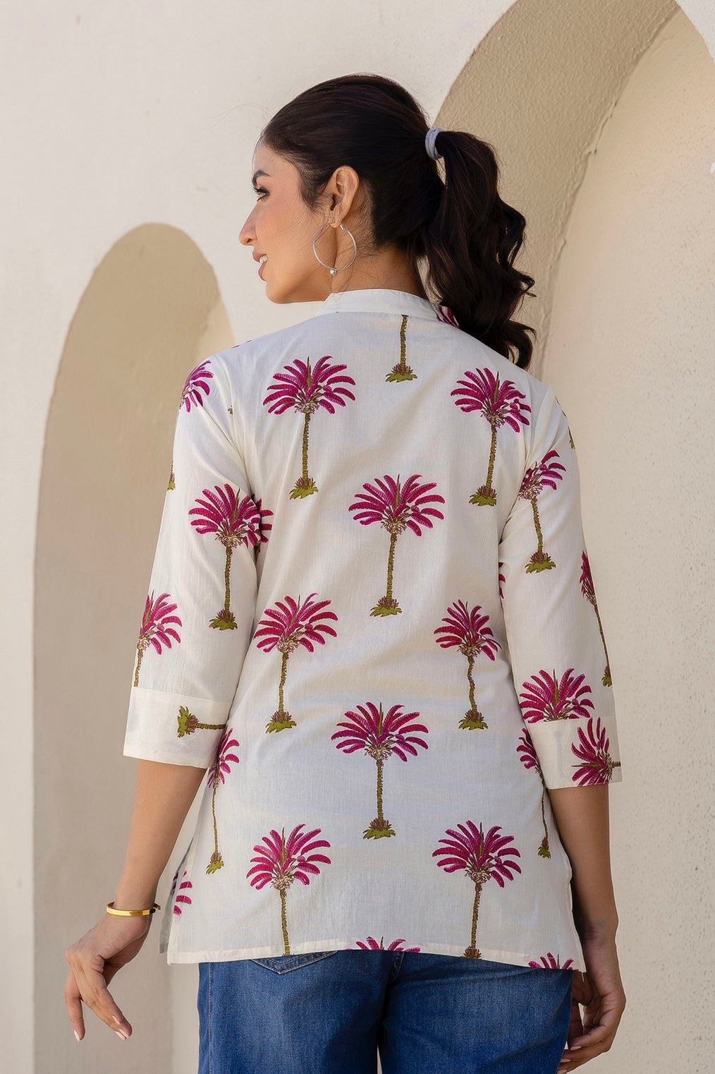 Evadyne - Cream Palm Tree Printed Cotton Short Kurti