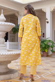 Yellow Plackett Design Cotton Kurta Set with Trousers and Dupatta